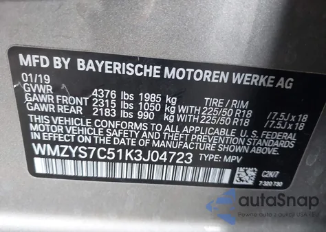 2019 Mini Countryman Cooper из США, поврежденный, VIN WMZYS7C51K3J04723